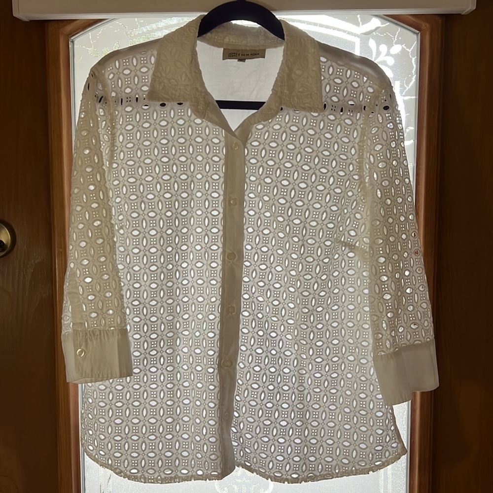 Jones New York‎ Sport 100% Cotton Eyelit Front Button Down 3/4 Length, Sz L